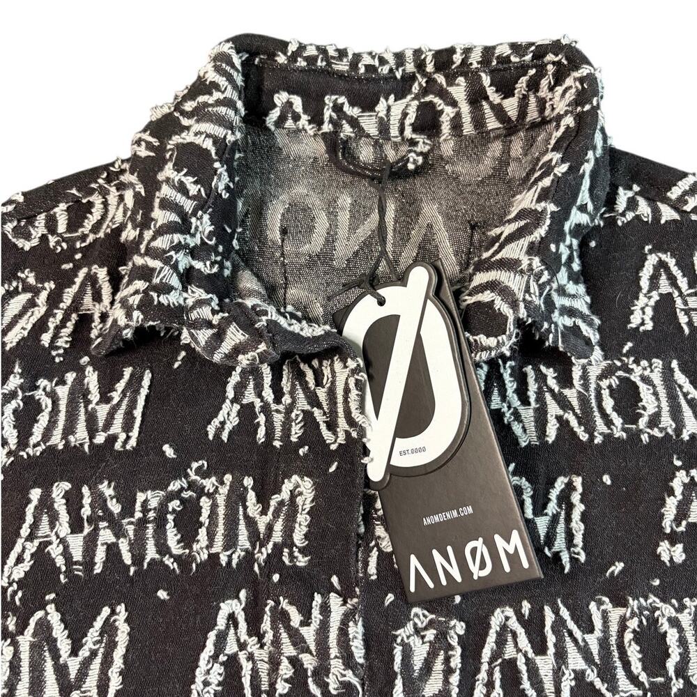 ANOM Denim Monogram Short Sleeve Open Front Cardigan Shirt Black Medium NWT